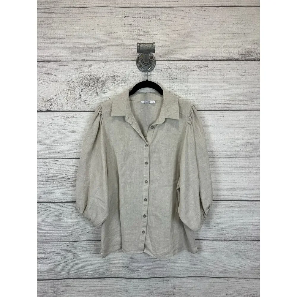 Chico's Women's Cream Linen Button Front Blouse Size 8